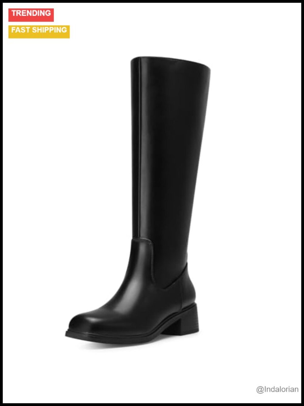 Women Knee High Boots Faux Leather Low Heel Square Toe Side Zip Riding Boot